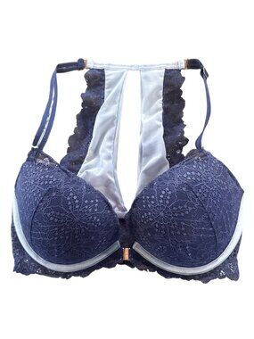 32DD Pink Victorias Secret Date Push-Up Racerback Bra Navy Blue Lace+Light Blue